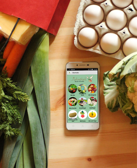 Morot, purjolök, ost, ägg, blomkål och applikationen matmötet som du kan ladda ned till din mobil